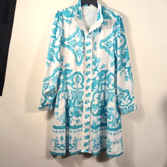 LUNE Allover Print Shirt Dress Size Large | Belted Tie Waist Midi | Day to Night - Picture 10 of 15